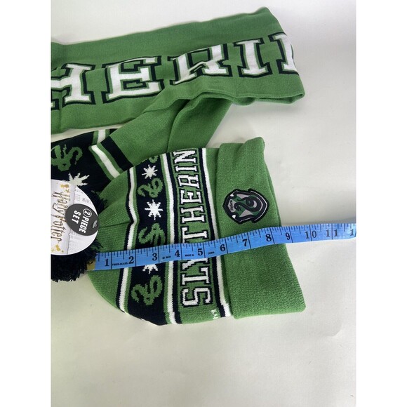 Harry Potter Slytherin Logo Knit Cuff Pom Beanie Hat Cap and Scarf Set 2 Piece - Picture 5 of 8